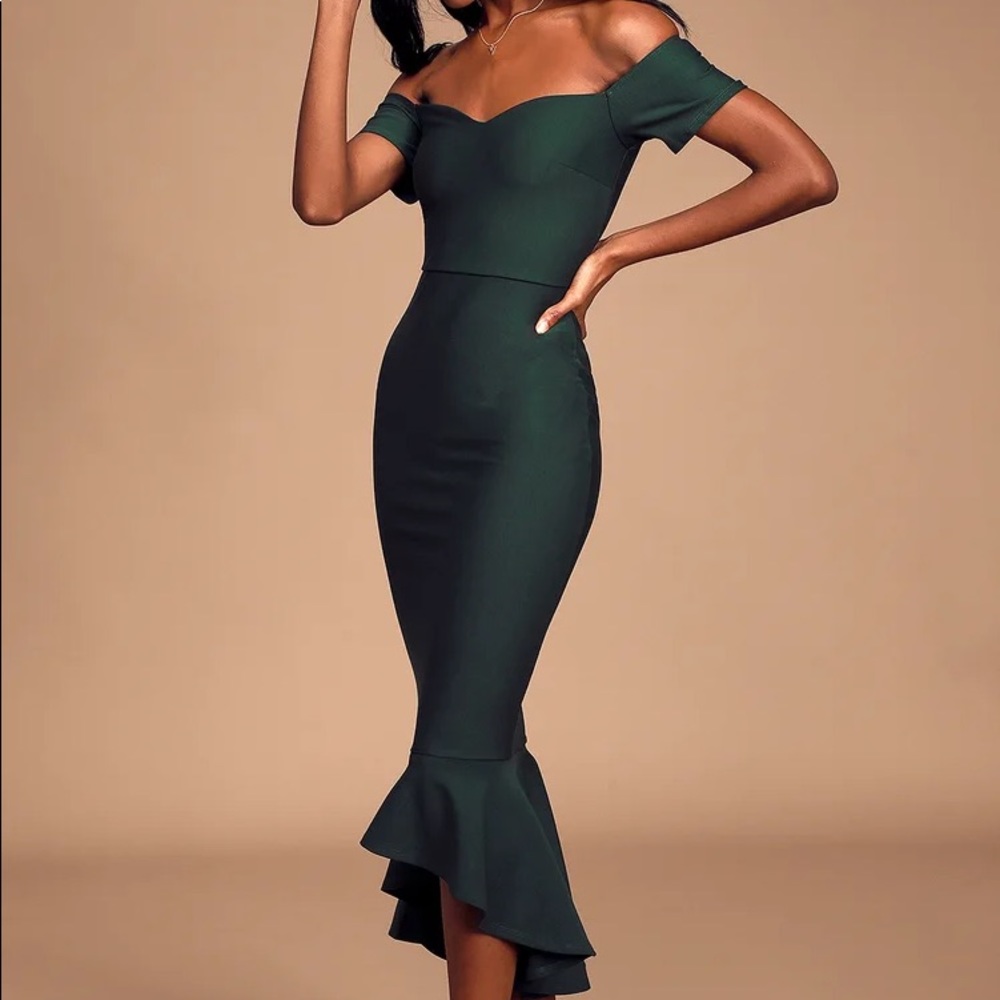 Lulus How Much I Care Dark Green Off-the-Shoulder Midi Dress